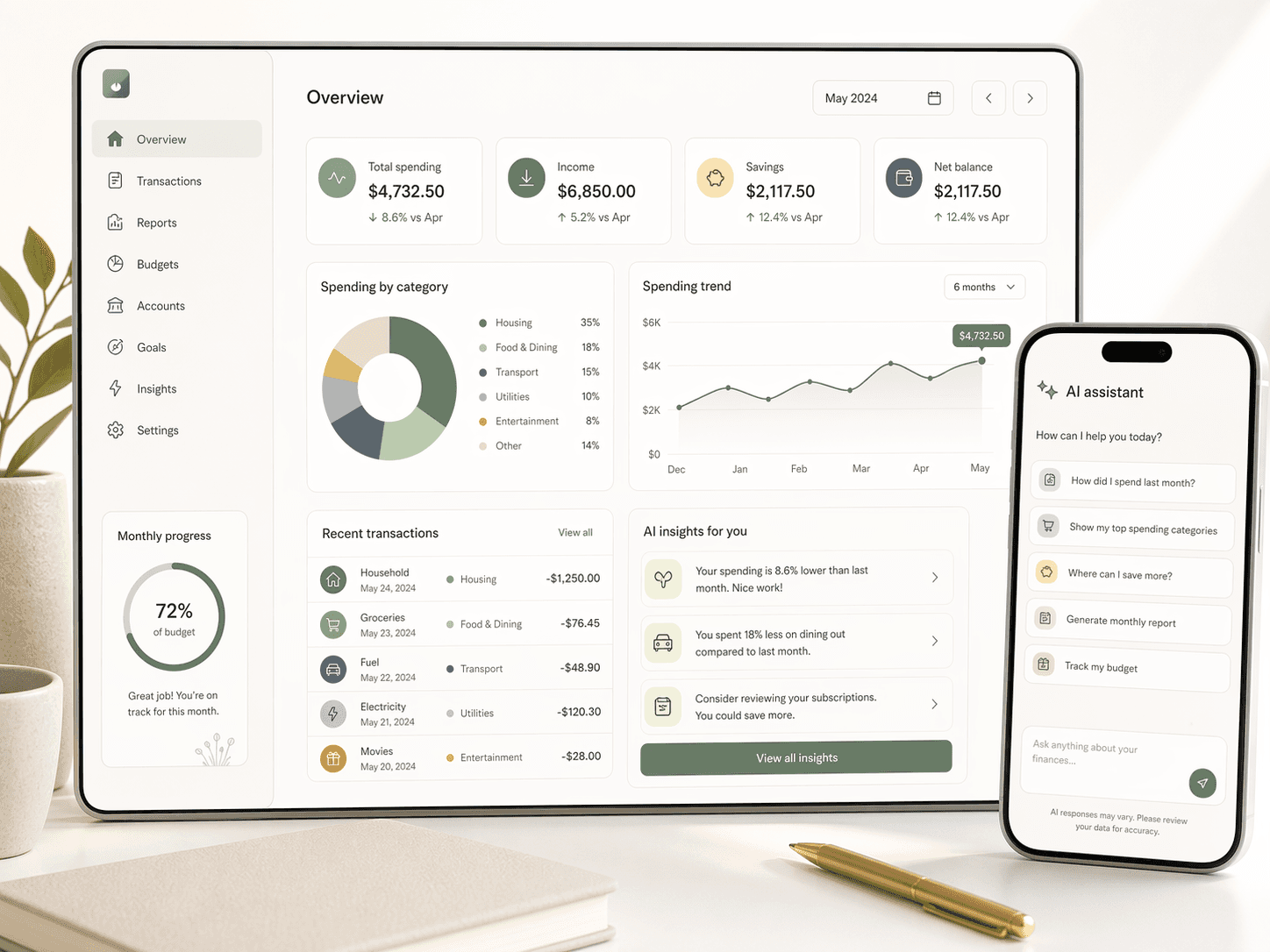 Automatic expense tracker visual showing receipts, screenshots, SMS inputs, and AI-generated reports around a phone dashboard.