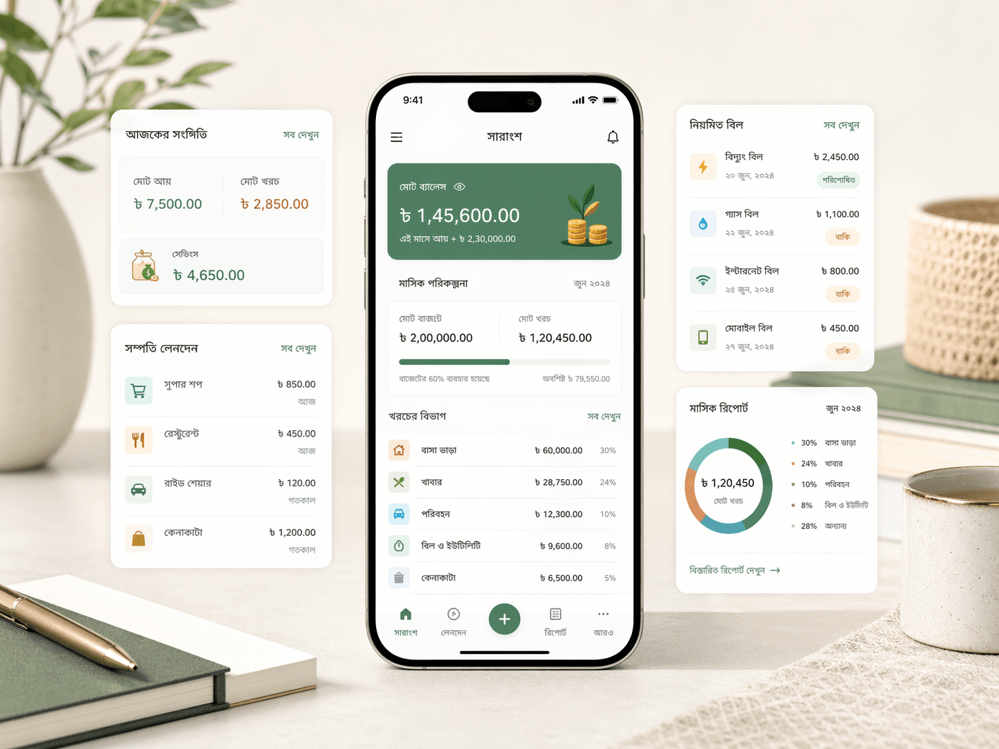 Bangla expense tracker UI showing Bangla-friendly money categories, bill reminders, and monthly report cards.