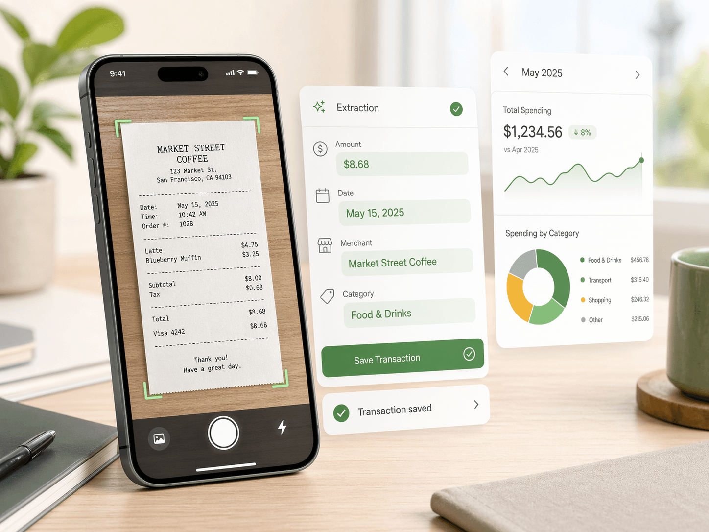 রসিদ স্ক্যানার এক্সপেন্স ট্র্যাকার UI, যেখানে আপলোড করা রসিদ, বের করা তথ্য আর মাসিক রিপোর্ট চার্ট দেখা যাচ্ছে।