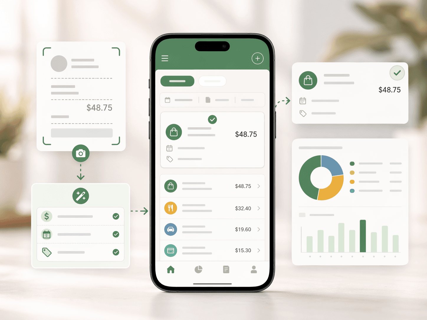 Expense tracking app screen showing a payment screenshot being imported and converted into a categorized transaction.