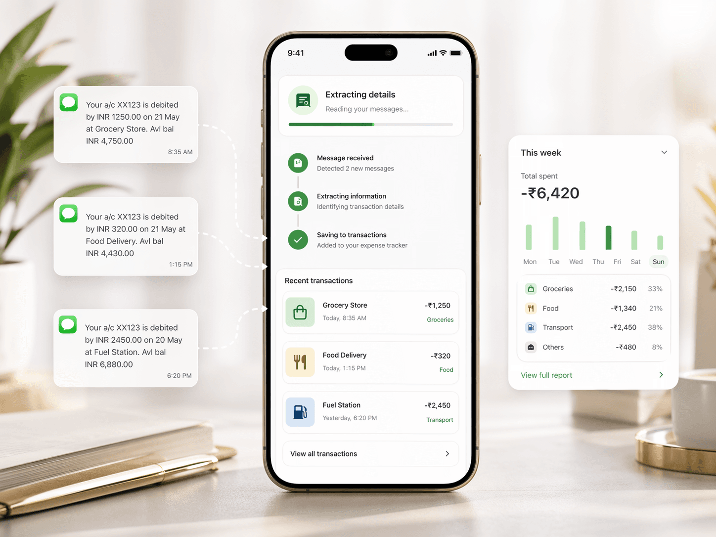 বাজেটিং অ্যাপ UI, যেখানে ব্যাংক SMS এলার্ট স্বয়ংক্রিয়ভাবে ট্রানজ্যাকশন কার্ড আর সাপ্তাহিক সামারিতে বদলে যাচ্ছে।
