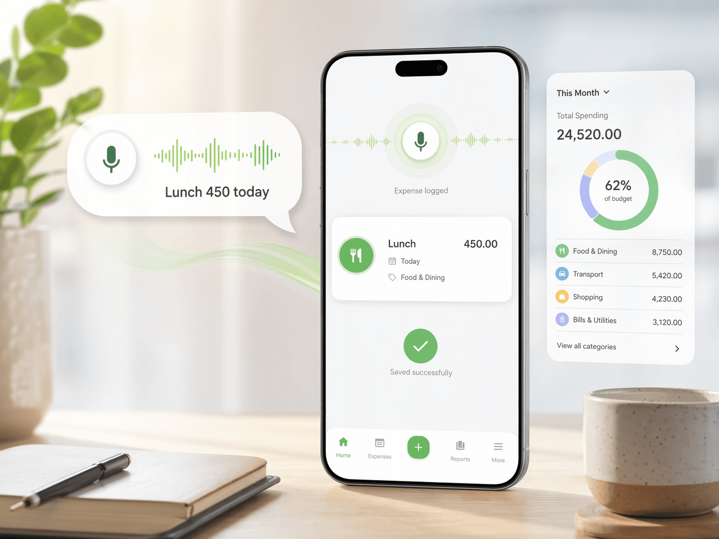 Phone UI showing a voice expense tracker flow with speech bubble converted into a transaction card.